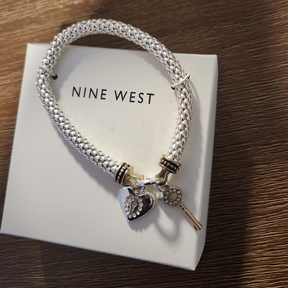Nine West Silver Bracelet with Gold Heart and Key Charms